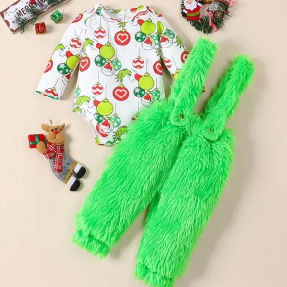 Grinch Who Stole Christmas Baby Boy Fur Overalls Outfit Set - Picture 1 of 6
